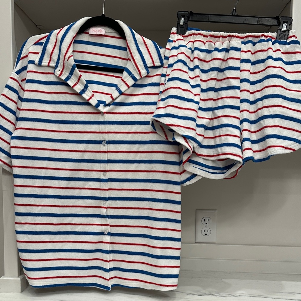 Pink Lily White Red Blue Striped Terry Matching Set